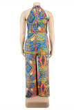 Paarse mode casual print met riem O-hals plus size jumpsuits