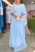 Голубое повседневное однотонное длинное платье в стиле пэчворк с круглым вырезом Платья