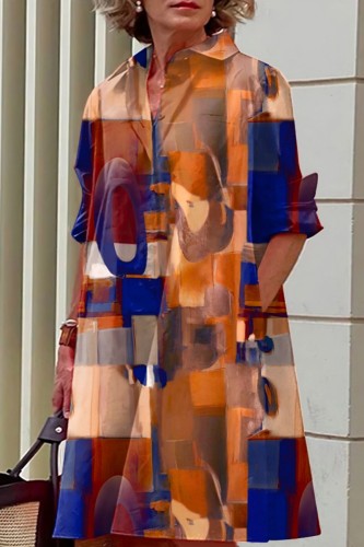 Coffee Casual Print Patchwork Turndown Collar Shirt Dress Dresses