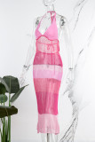 Rosa Sexy Patchwork Durchsichtige, rückenfreie, kontrastierende, lange Kleider mit Neckholder