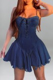 Deep Blue Fashion Sexy Plus Size Solid Bandage Backless Spaghetti Strap Denim Dress