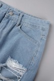 Pantaloncini di jeans skinny a vita alta strappati casual azzurri