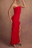 Vestido largo sin tirantes asimétrico sin espalda sólido sexy rojo Vestidos
