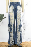 Hellblaue Street-Solid-Jeans mit zerrissenem Patchwork und hoher Taille