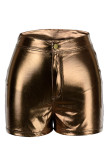 Pantalones cortos informales sólidos básicos ajustados de cintura alta color sólido convencional café