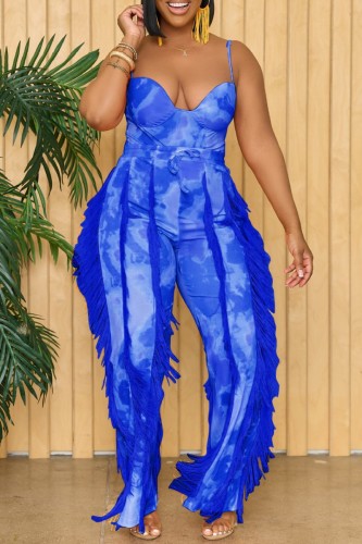 Blue Sexy Casual Print Tassel Backless Spaghetti Strap Sleeveless Two Pieces