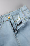 Hellblaue, einfarbige, zerrissene Patchwork-Denim-Jeans mit hoher Taille