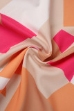 Pink Orange Casual Elegant Print Flounce Oblique Collar Asymmetrical Dresses