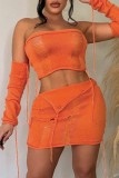 Arancione Sexy Casual Solido Strappato Incavato Senza schienale Senza spalline Due pezzi (con maniche)