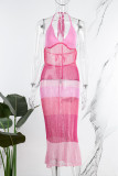 ピンクのセクシーなパッチワーク シースルー バックレス コントラスト ホルター ロング ドレス ドレス