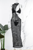Черный сексуальный однотонный купальник в стиле пэчворк, накидка (три предмета)