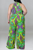Lila Mode Casual Print med Bälte O-hals Plus Size Jumpsuits