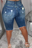Dark Blue Fashion Casual Solid High Waist Regular Jeans Ripped Denim Shorts