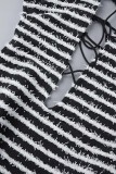 Schwarz-weißes sexy gestreiftes Bandage-Patchwork-rückenfreies Neckholder-Sling-Kleid