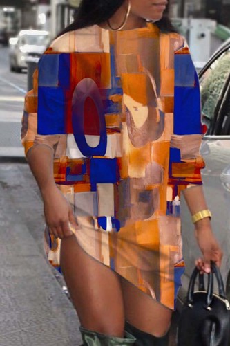 Coffee Casual Print Basic O Neck Long Sleeve Dresses