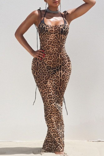 Leopard Print Sexy Solid Bandage See-through Backless U Neck Long Dress Dresses