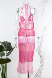 Rosa Sexy Patchwork Transparente Sem Costas Contraste Vestidos Longos Vestidos Longos
