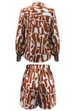 Brown Casual Print Basic Shirt Collar Long Sleeve Two Pieces