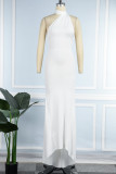 Witte sexy effen patchwork backless schuine kraag lange jurk jurken