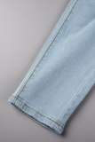 Ljusblå Street Solid Ripped Patchwork Jeans med hög midja