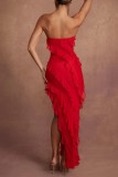 Vestido largo sin tirantes asimétrico sin espalda sólido sexy rojo Vestidos