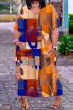オレンジ カジュアル プリント パッチワーク Vネック 半袖 ドレス ドレス