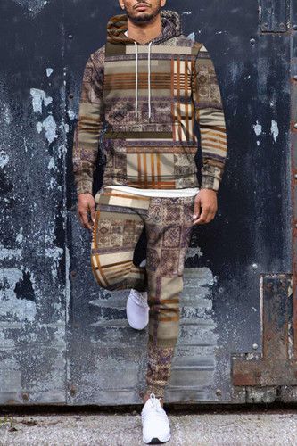 Khaki Men's Personalized Printed Hoodie Set 0
