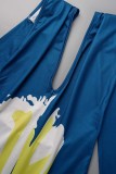 Bleu tibétain Sexy Print Bandage Patchwork Backless Halter Robes droites