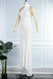 ホワイト セクシー ソリッド パッチワーク バックレス オブリーク カラー ロング ドレス ドレス
