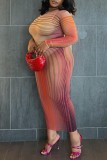 Vestidos de manga comprida com estampa casual roxa básica decote oco