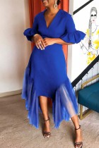 Vestido longo casual azul patchwork liso com decote em V vestidos tamanho grande