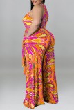 Gele mode casual print met riem O-hals jumpsuits in grote maten