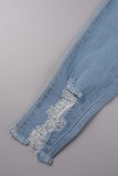Синие повседневные уличные однотонные рваные джинсы скинни в стиле пэчворк с высокой талией