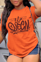 Oranje casual vintage print patchwork T-shirts met letter O-hals
