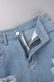 Голубые повседневные однотонные рваные джинсовые шорты скинни с высокой талией