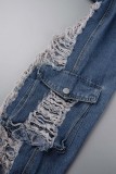 Lichtblauw Street Solid Ripped Maak oude patchwork jeans met hoge taille