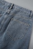 Синие повседневные однотонные узкие джинсовые юбки с высокой талией и разрезом