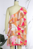 Rosa Orange Casual Elegant tryck volang asymmetriska klänningar med sned krage