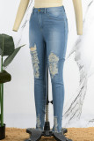 Blauwe casual street solid ripped skinny jeans met hoge taille en patchwork