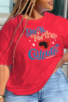 Camisetas con cuello en O de letras de patchwork con estampado diario casual rojo
