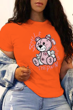 T-shirt con scollo a O patchwork con stampa carina casual arancione