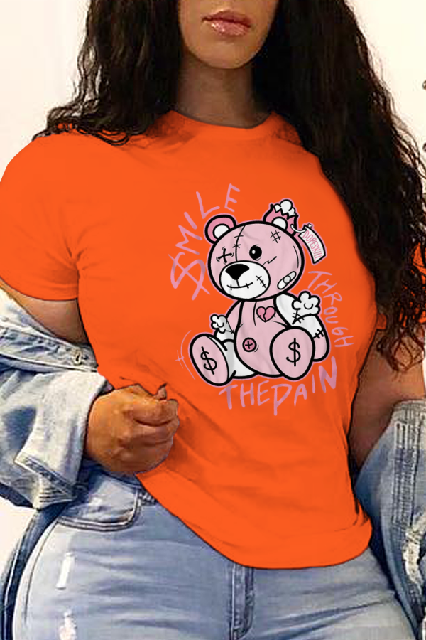 Orangefarbene, lässige, süße Patchwork-T-Shirts mit O-Ausschnitt