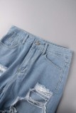 Pantalones cortos de mezclilla flacos de cintura alta rasgados sólidos informales azul claro