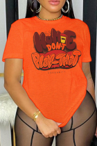 Camisetas casuais laranja com estampa de rua em letra O decote