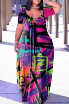 Пурпурное повседневное платье с принтом Базовое платье с V-образным вырезом и короткими рукавами Платья