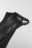 Cobertura de roupa de banho preto sexy sólido vazado patchwork (três peças)