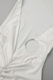 Robe longue blanche à col oblique et dos nu en patchwork solide sexy