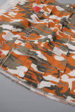 Saia de patchwork casual com estampa de camuflagem laranja cintura alta skinny cintura alta convencional patchwork