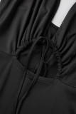 Black Sexy Solid Hollowed Out Patchwork Frenulum Flounce Spaghetti Strap Sling Dress Dresses