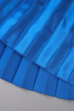 Bleu Casual Solide Patchwork Pli Droite Taille Haute Droite Bas De Couleur Unie